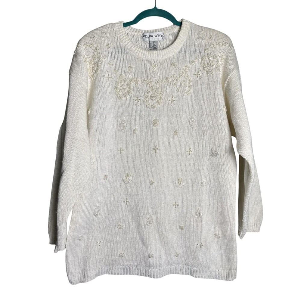 Vintage 80s/90s Beaded Pearls Floral‎ Embellished Ivory Sweater MED/LARGE Long
